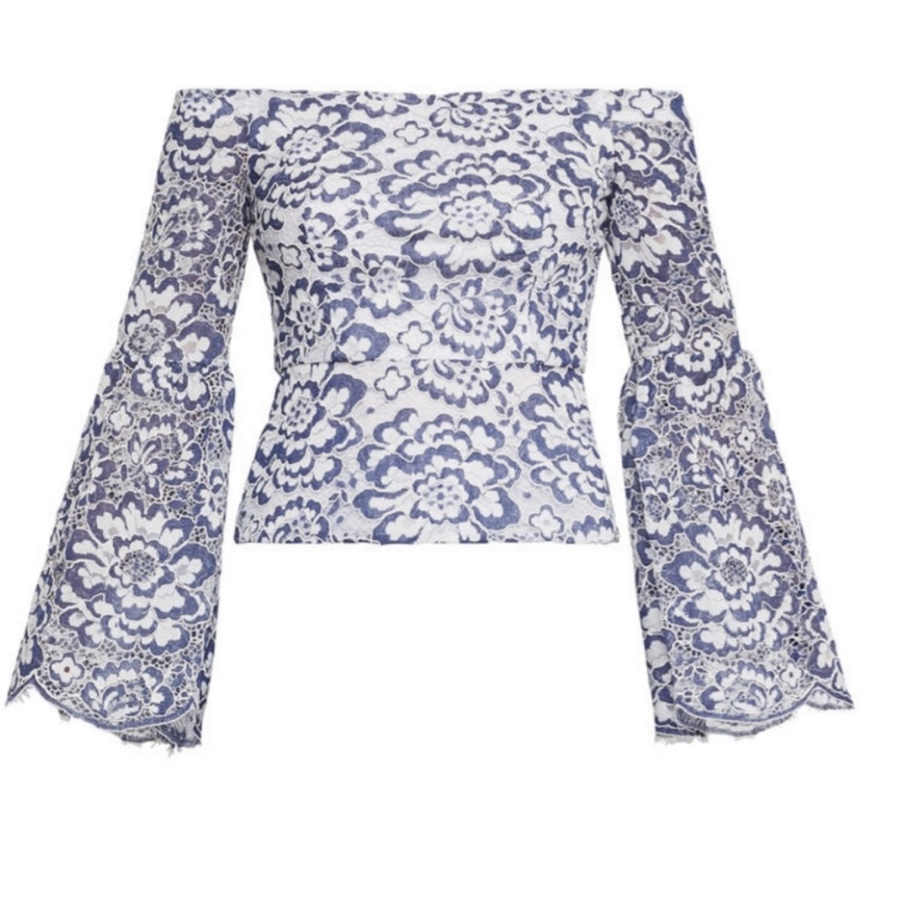 BCBGMaxqzria ice blue lace Kamryn Peplum top size 0